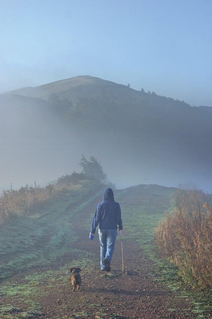 Woman walking with her dog on the Malvern Hills